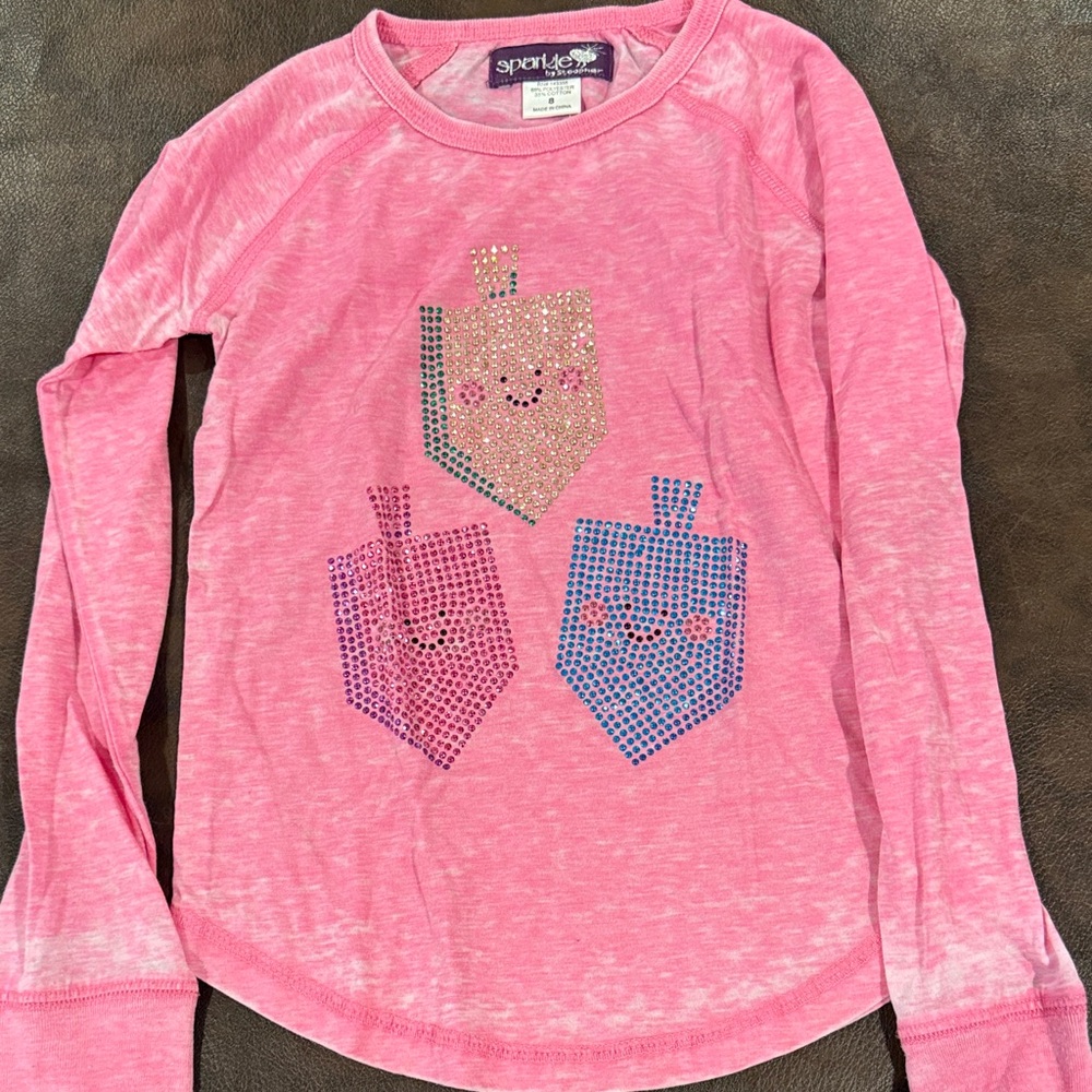 Pink Sparkle size 8 Hanukkah/Dreidel Long Sleeve Tee